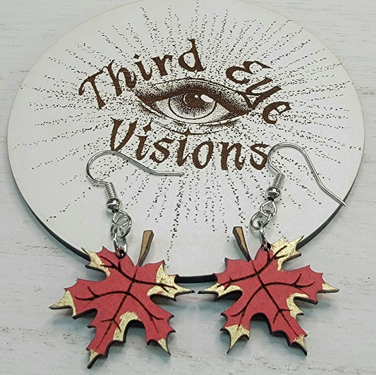 Maple Leaf, Gold and Red, Dangle Fall Earrings